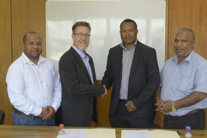 Koroba-Kopiago Airstrips: L-R: First Secretary - Office of Minister for Immigration & Border Security, Jesse Pakalu, RAA CEO John Bromley, Koroba-Kopiago MP and Minister for Immigration and Border Security, Petrus Thomas, and Koroba-Kopiago DDA Chairman Johnson Tigi at the MOU signing on Friday May 4, 2018.